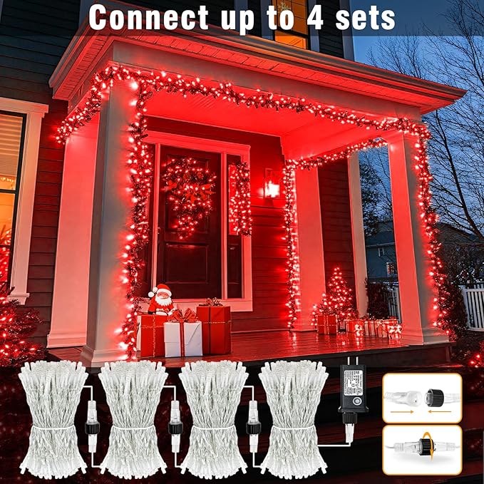 100FT 300 LED Outdoor String Lights, Plug in Red Christmas Lights Indoor Waterproof with 8 Modes, Connectable Twinkle Fairy Lights Clear Wire for Indoor Bedroom Home Patio Yard Wedding Decorations