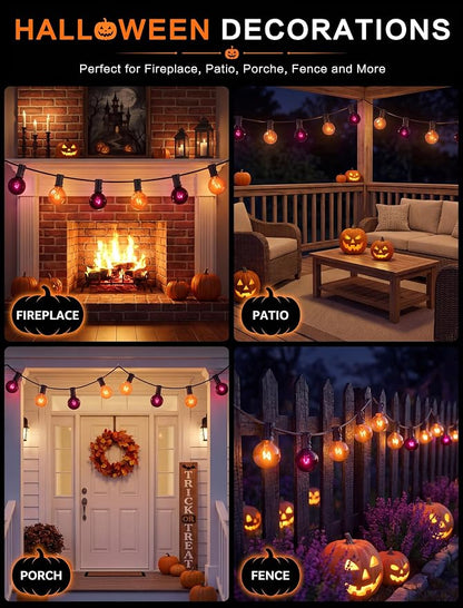 SUNSGNE 25FT G40 Halloween String Lights, Clear Orange Purple Globe Lights | 27 Glass Filament Bulbs(2 Spare), Orange Purple Halloween Glow, Vintage Glass Globe Design, Plug-In Power