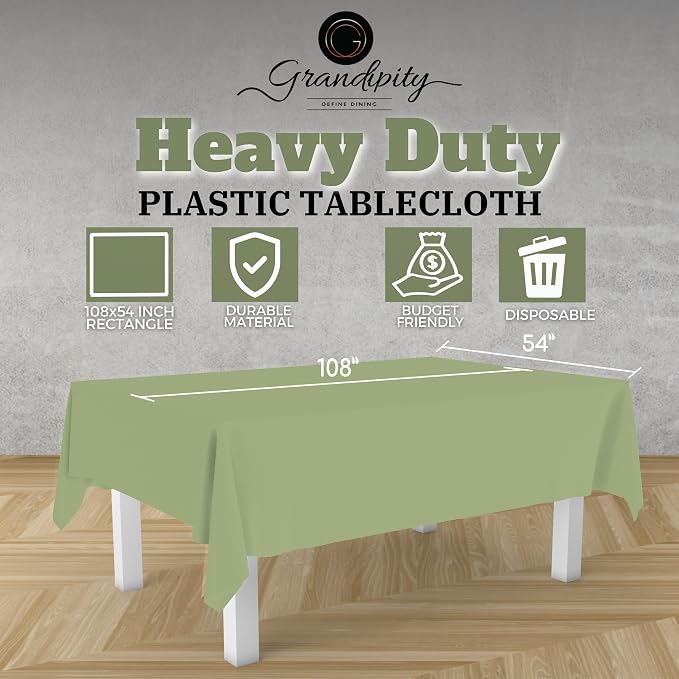 Grandipity 12 Pack Premium Disposable Plastic Tablecloth 54 Inch. x 108 Inch. Rectangle Table Cover - Sage Green