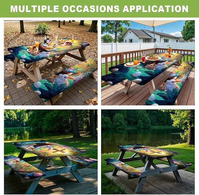 Picnic Table Cover with Bench Covers 72in,Waterproof Windproof Fitted Tablecloth,Easter Bunny with Cross Design for Easter,Camping Essentials with Drawstring Bag for Patio,Park & Backyard