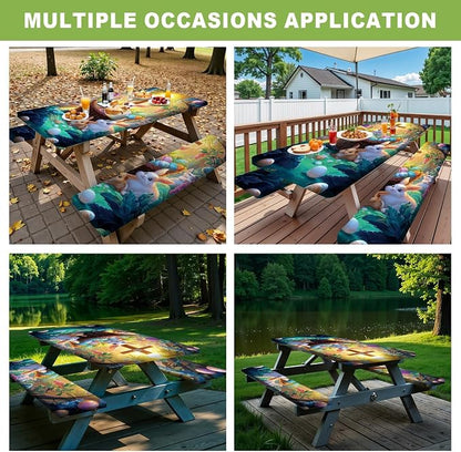 Picnic Table Cover with Bench Covers 72in,Waterproof Windproof Fitted Tablecloth,Easter Bunny with Cross Design for Easter,Camping Essentials with Drawstring Bag for Patio,Park & Backyard