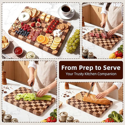 Checkered Cutting Board, Wooden Checkerboard Cutting Board for Kitchen 16 x 12 x 1", Rubber Wood Butcher Block Chopping Board with Juice Grooves & Handles for Meat, Vegetables & Cheese