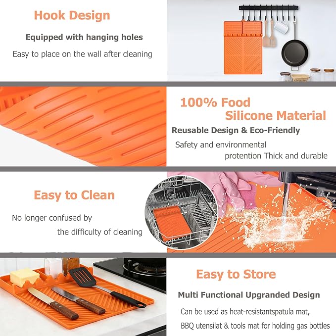 Silicone Grill Tools Mat for Blackstone Side Shelves (22–28″) – Heat-Resistant Utensil Organizer with Drip Pad, 8 Slots, Easy-Clean Prep & Counter Protection