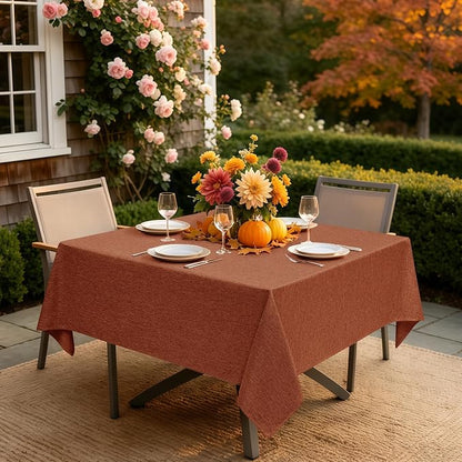 Decorelia Faux Linen Square Tablecloth for Dining Room,Waterproof Texture Decorative Farmhouse Table Cloth for Indoor Outdoor Party, Holiday, Banquet Picnics, Patio,52 x 52 Inch (Square),Burnt Orange