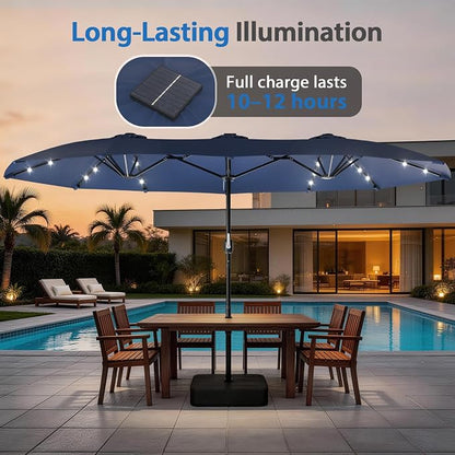 HOPERAN 15FT Patio Umbrella with Base Included, Large Outdoor Double-Sided Rectangle Table Umbrella with Easy Crank Lift, Market Umbrella for Backyard, Pool&Garden