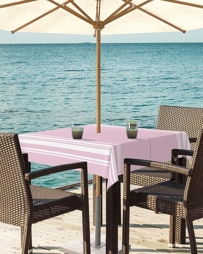 QueenKer Outdoor Tablecloth with Umbrella Hole, Farmhouse Pink White Stripe Square Tables Waterproof Tabletop Collection for Patio, Garden, Picnic, Camping, Dining 60 x 60 inch
