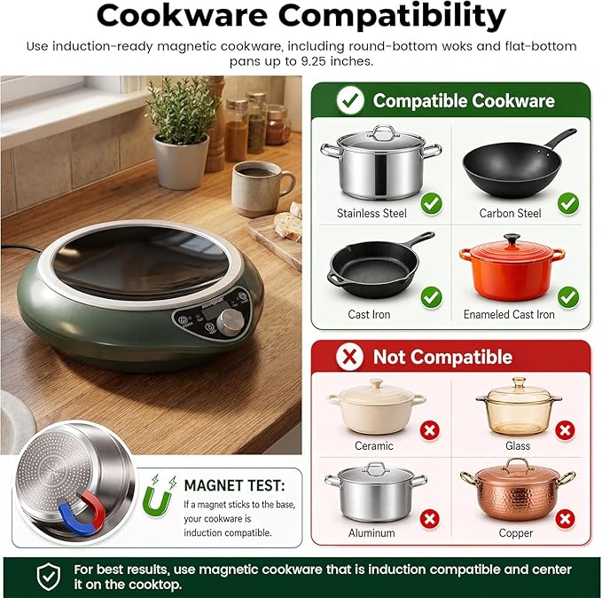 1700W 120V Concave Induction Wok Cooktop, 9.25-Inch Coil, Steady Low-Heat Control, 16 Power Levels, ETL Listed Portable Countertop Burner for Round-Bottom Woks & Flat-Bottom Pans