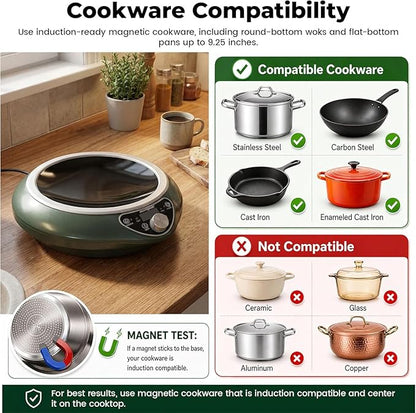 1700W 120V Concave Induction Wok Cooktop, 9.25-Inch Coil, Steady Low-Heat Control, 16 Power Levels, ETL Listed Portable Countertop Burner for Round-Bottom Woks & Flat-Bottom Pans