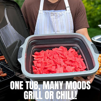 Collapsible Large (8L) BBQ Marinating Tub w/ Cutting Board | Multipurpose Food-Grade TPE Prep Tub w/ Lid | Built-In Colander & Drain Plug - For Camping | Tailgate | Picnic - Slate Black