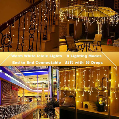 Joomer 33FT Christmas Icicle Lights Outdoor Connectable Warm White | 50 Drops 8 Modes Timer Waterproof Plug-in String Light for Christmas Party, holiday Eaves Roof yard Xmas Decorations