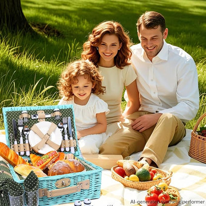 YPshuye Wicker Picnic Basket Set for 4, Blanket, Cooler Bag, Green Dots | Four-Person Wicker Set Includes Tableware, Insulated Food Storage and Waterproof Blanket for Parks, Camping, Dates and Gifts
