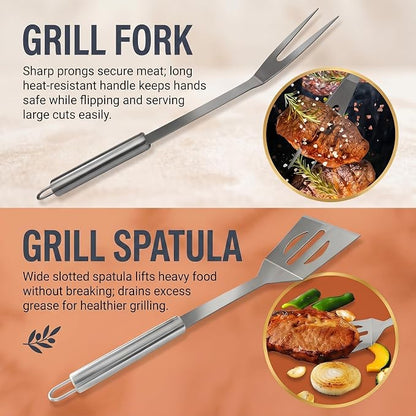 9-Piece Stainless Steel BBQ Tool Set with Carry Bag, Grill Utensils Kit with Spatula, Fork, Tongs, Knife, Skewers, Oil Brush for Outdoor Grill, Camping, Tailgating, Cookouts, BBQ Gifts