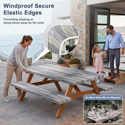 Picnic Table Cover with Bench Covers Windproof Waterproof Picnic Table Covers Camping Tablecloth with Self-Storage Bag, 72in, Grey