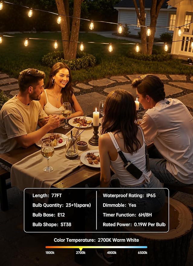 Minetom 77FT Outdoor String Lights with Remote, Shatterproof ST38 LED Bulbs, Waterproof Patio Lights with 3 Modes, Dimmable & Connectable 2700K Hanging Lights for Backyard Porch Deck Balcony