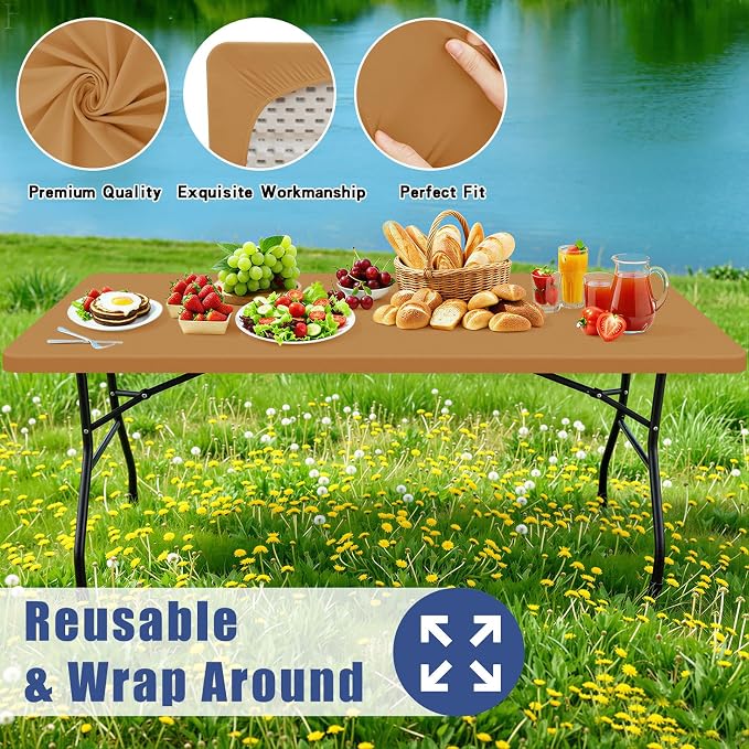 Moosfor Spandex 8 Foot Rectangle Table Cloth, Elastic Fitted Tablecloths for Picnic, Stretch Washable Patio Table Cover for Outdoor, Camping, Banquet and Parties (Camel, 30"x96")