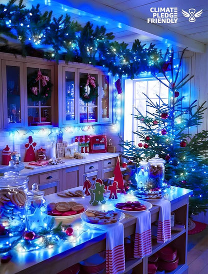 33FT 100 LED White Blue Christmas Fairy Twinkle String Lights Indoor | 8 Modes with Memory, Connectable, IP65 Waterproof, Transparent Wire, Up to 5 Sets, Widely use for Classroom, Bedroom, dorm