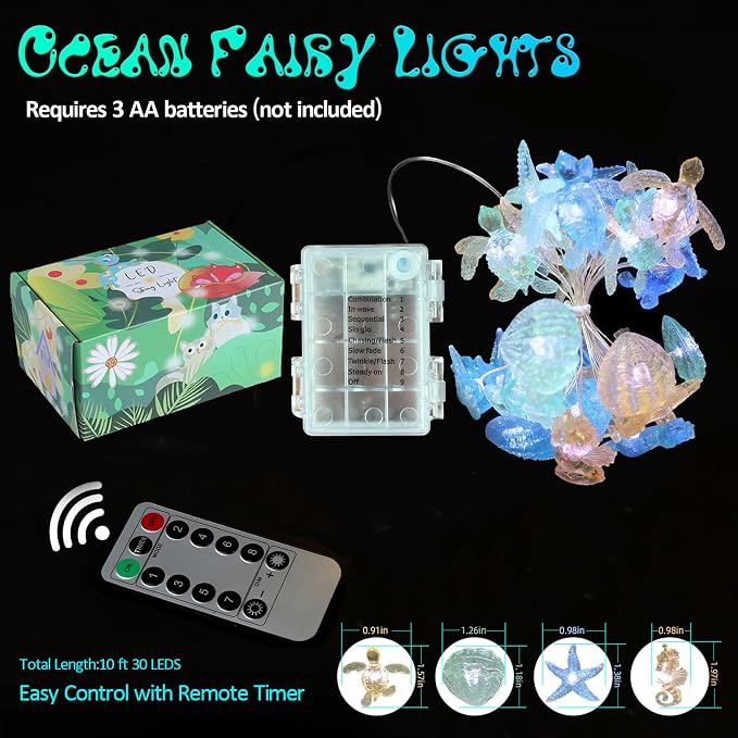 Beach Decorative Lights Marine Sea Life Décor Ocean Fairy Lights Nautical Waterproof Battery Operated String Lights Under The Sea Christmas Tree Decoration 30LED 10ft Summer Garden Tent Decor