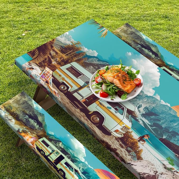 Picnic Table Cover with Bench Covers, Travel, 3 Piece, 72 Inch | With Bench Covers Full Elastic Edge Tablecloth Waterproof Wipeable RV Outdoor Patio Park Essentials With Drawstring Bag
