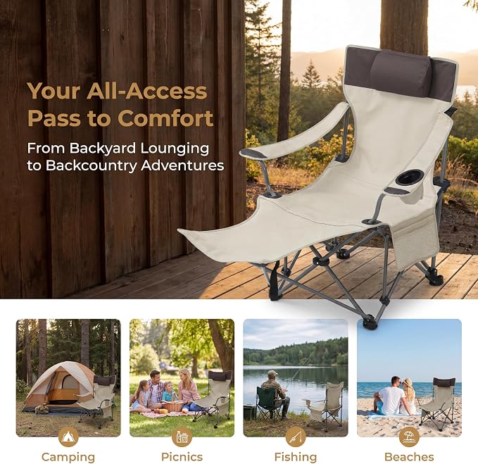 Adjustable Folding Beach Chair, Portable Camping Chair for Adults with Backrest, Reclining Outdoor Chair with Cup Holder & Pocket, Foldable Low Beach Chair for Camping, Picnic, Beige