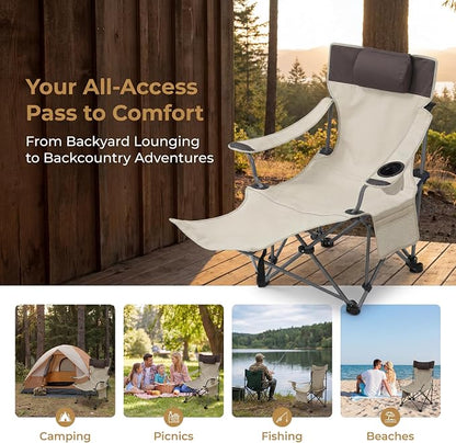 Adjustable Folding Beach Chair, Portable Camping Chair for Adults with Backrest, Reclining Outdoor Chair with Cup Holder & Pocket, Foldable Low Beach Chair for Camping, Picnic, Beige