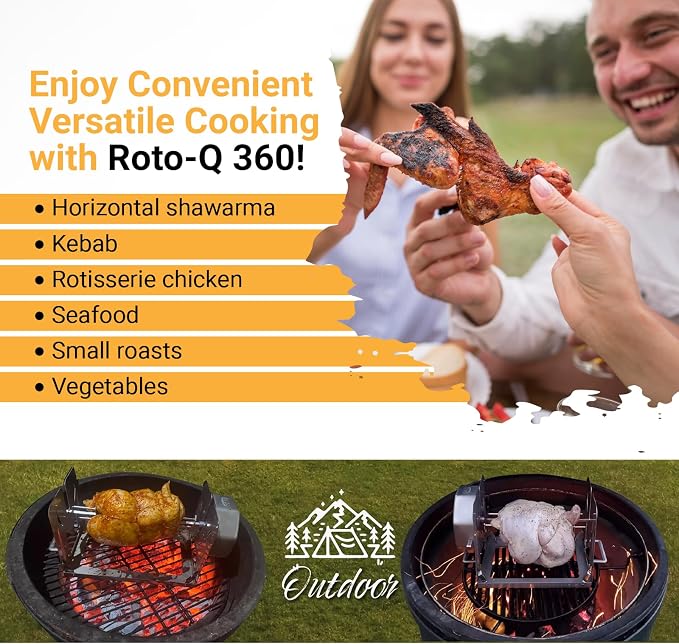ROTO-Q 360 Cordless Universal Rotisserie Kit for Grills Ovens and Smokers - Non-Electric Wind-up Spit Roaster, Gas or Charcoal BBQ - Compatible with Kamado Joe Green Egg Kettle (Black) | Cordless wind-up rotisserie works with grills, ovens and smokers ...