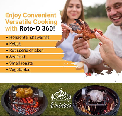 ROTO-Q 360 Cordless Universal Rotisserie Kit for Grills Ovens and Smokers - Non-Electric Wind-up Spit Roaster, Gas or Charcoal BBQ - Compatible with Kamado Joe Green Egg Kettle (Black) | Cordless wind-up rotisserie works with grills, ovens and smokers ...