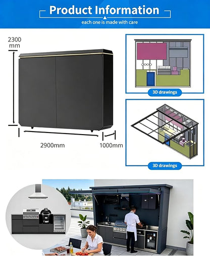 Prefab Outdoor Kitchen Kits with Roof Storage, Modular Outdoor Kitchen Pod with Grill, Sink, Burners, Refrigerator, Patio Backyard Cooking Island Station