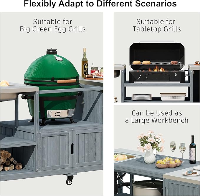 75.4" Outdoor Kitchen Island with Sink, Solid Wood Grill Cart for XL Big Green Egg, Rolling Outdoor Bar Cart with Stainless Steel Top, Adjustable Shelves, 6 Wheels for BBQ Pizza Prep