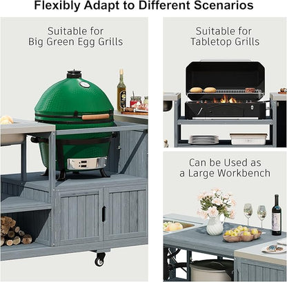 75.4" Outdoor Kitchen Island with Sink, Solid Wood Grill Cart for XL Big Green Egg, Rolling Outdoor Bar Cart with Stainless Steel Top, Adjustable Shelves, 6 Wheels for BBQ Pizza Prep