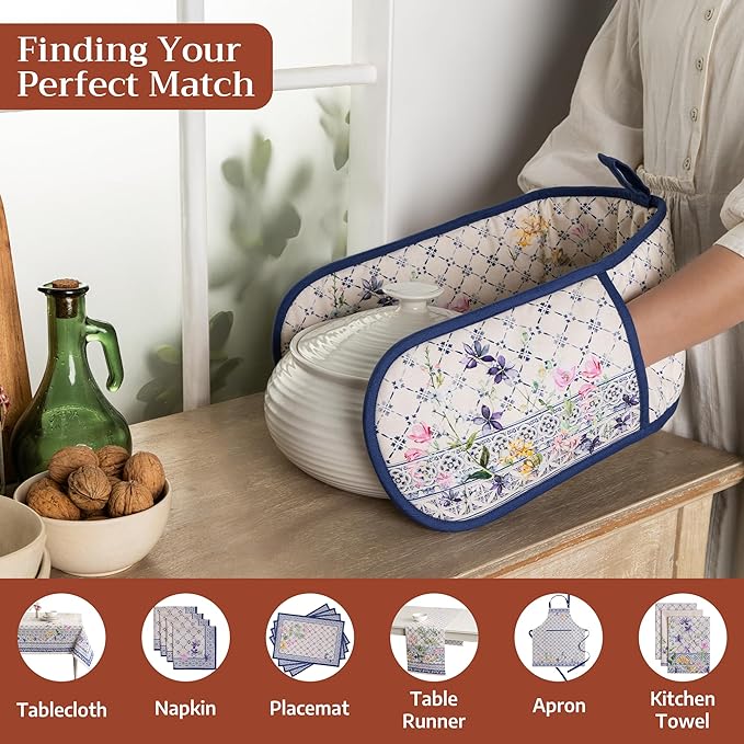 Maison d' Hermine Double Oven Mitts 100% Cotton 7"x35" Double Oven Mitt Heat Resistant BBQ Cooking Gloves with Loop Baking Grilling Kitchen Hotel Home Farmhouse Spring Summer (Faience)