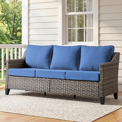Outdoor Furniture Set of 1, Luxury Patio Sofa 3-Seat Wicker Couch with 4" Thick Cushion - Outdoor Furniture Rattan Sofa with Deep Seating High Back(Blue)