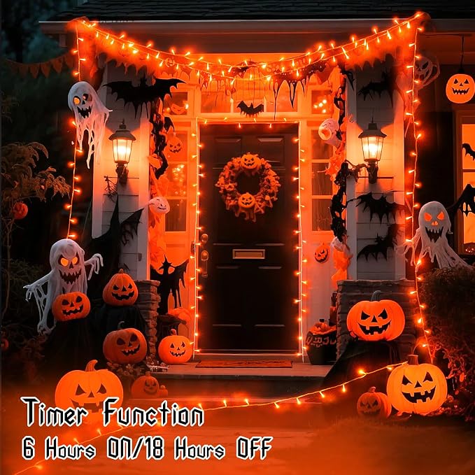 Orange Lights for Halloween Battery Operated with Timer Waterproof Total 100LED 33ft for Halloween Decorations 16.4Ft*2, 50LED*2 Outdoor Indoor for Halloween Decor