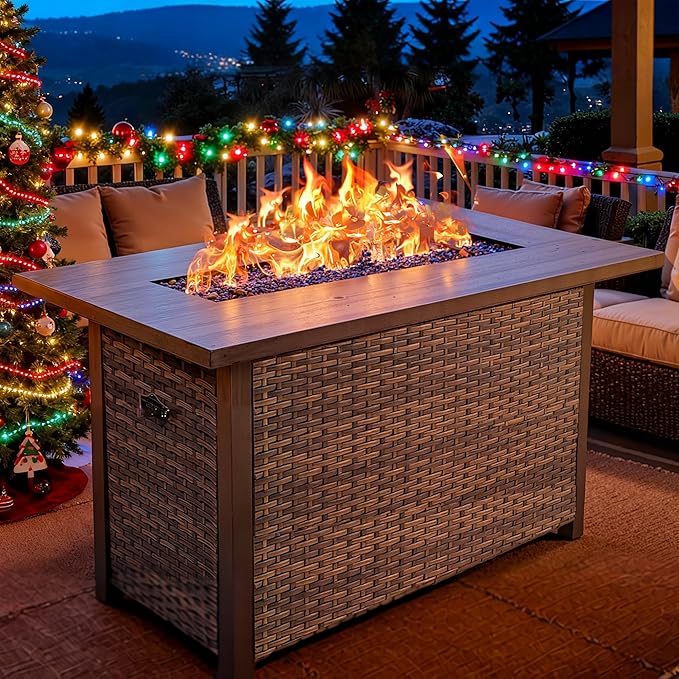 42 Inch Propane Fire Pit Table, 50,000 BTU Outdoor Gas Fire Pits with Removable Lid, 2 in 1 Rectangular Firepit Table for Outside Patio Deck and Garden (Brown)