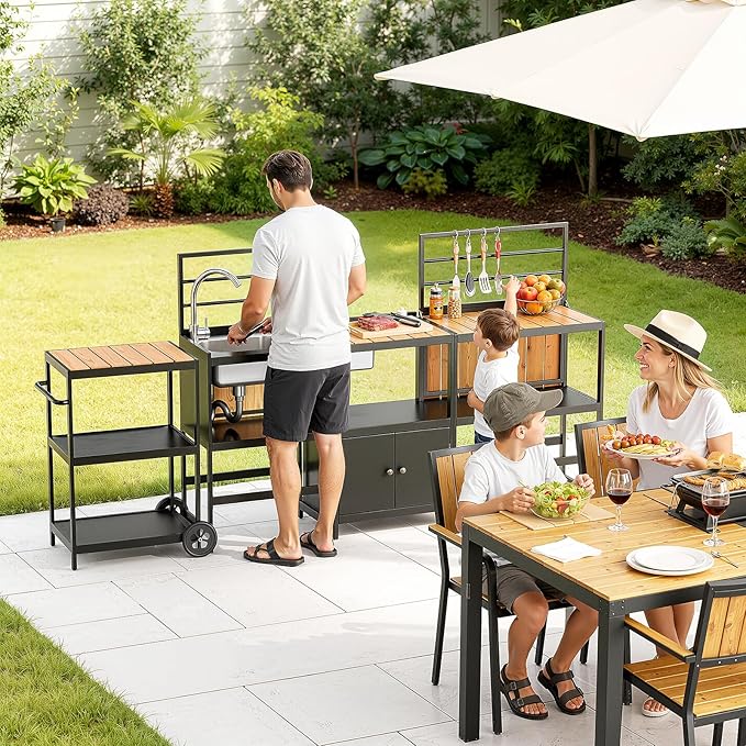 LEVELEVE Modular Outdoor Kitchen Island 4-Piece Set, Aluminum Outdoor Prep Station Grill Cart with Independent Sink, Storage Cabinets & Shelves for Backyard Patio Deck