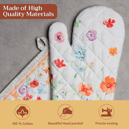 Maison d' Hermine 100% Cotton Oven Mitt & Pot Holder Set (7.5"x13" & 8"x8") Heat Resistant BBQ Cooking Gloves with Loop Baking Grilling Kitchen Hotel Home Farmhouse Spring Summer(Summer Whisper)