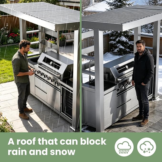 94" Stainless Steel Outdoor Kitchen Island with 6-Burner 85000 BTU,Heavy-Duty Natural Gas Grill with Rotisserie Oven,Galvanized Steel Roof,Granite Countertops,Refrigerator,Sink.(Natural Gas)