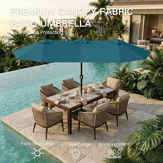 Kingdura 15ft Large Patio Umbrella with Base Included, Double-Sided Rectangle Outdoor Table Umbrella with 12 Reinforced Ribs, Crank Lift for Market Pool Deck Backyard, Lake blue