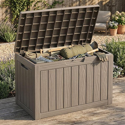 ROJIK Outdoor Storage Box, 55 Gallon Waterproof Deck Box, Weatherproof Resin Outside Storage Bin for Patio Furniture, Garden Tools, Pool Accessories, Cushion, Grey