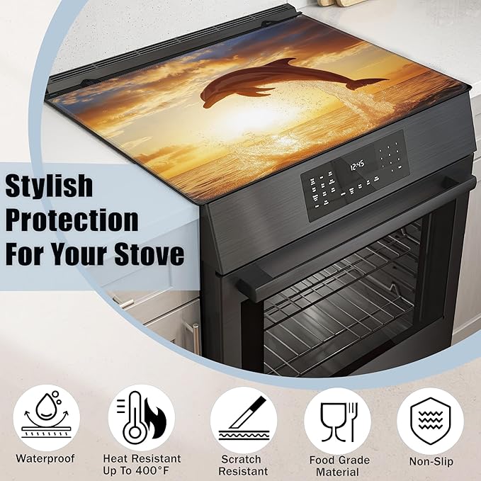 Jumping Dolphin Stove Top Covers for Electric Stove,Sea Sunset Glass Top Stove Cover, Heat Resistant Range Covers for Electric Stove,Washable Countertop Mat, 28 x 20 Inch