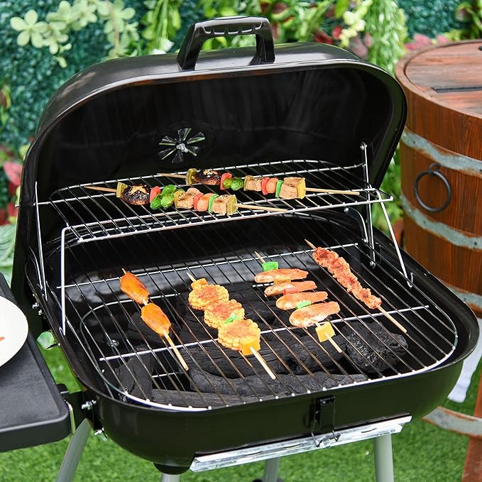 21" Portable Charcoal Grill with Wheels and Bottom Shelf, Outdoor Mini BBQ Grill with Adjustable Vents on Lid for Picnic Camping Backyard Cooking, Black