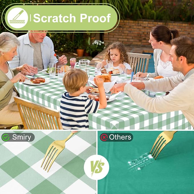 Smiry Picnic Table Cloth, Vinyl Tablecloths with Flannel Backing, 60"x60" | Waterproof Square Table Cloth, Wipeable Buffalo Plaid Table Cover for Indoor and Outdoor (Sage Green & White)
