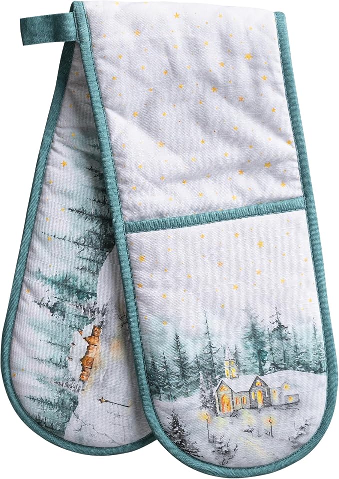 Maison d' Hermine Double Oven Mitts 100% Cotton Double Oven Glove (7"x35") | Heat Resistant BBQ Cooking Gloves with Loop Baking Kitchen Home Hotel Farmhouse Thanksgiving Christmas - Neige de Noel