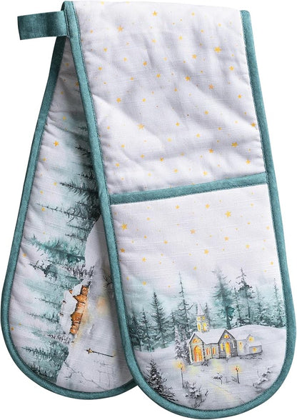 Maison d' Hermine Double Oven Mitts 100% Cotton Double Oven Glove (7"x35") | Heat Resistant BBQ Cooking Gloves with Loop Baking Kitchen Home Hotel Farmhouse Thanksgiving Christmas - Neige de Noel