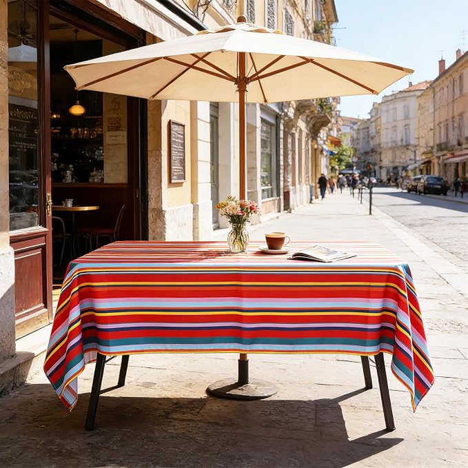 SquarePie Outdoor Tablecloth with Umbrella Hole and Zipper Rectangle Spillproof Stain Resistant Table Cloth Cover for Patio Picnic Camping Poolside BBQs Host Backyard, 60x104 Inch Color Stripe