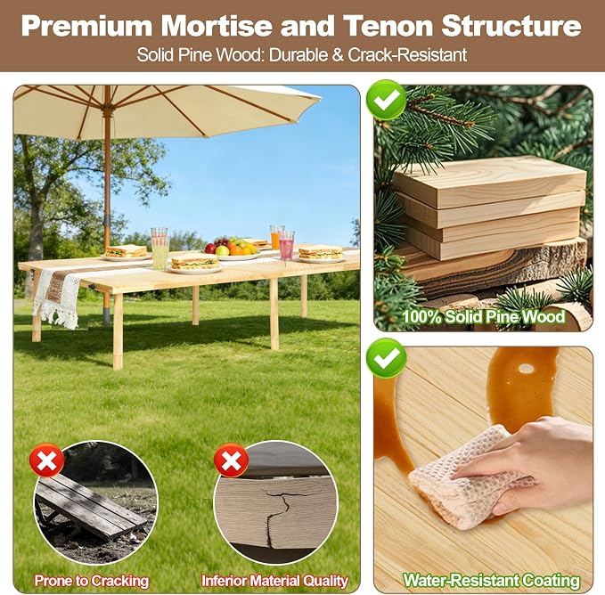 44x22 Low Floor Folding Picnic Table | Portable low table for 4-6, with adjustable height, mortise & tenon joints, and runner for beach picnics.