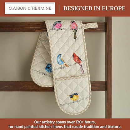 Maison d' Hermine Double Oven Mitts 100% Cotton 7"x35" Double Oven Mitt Heat Resistant BBQ Cooking Gloves with Loop Baking Grilling Kitchen Hotel Home Farmhouse Spring Summer (Birdies on Wire)