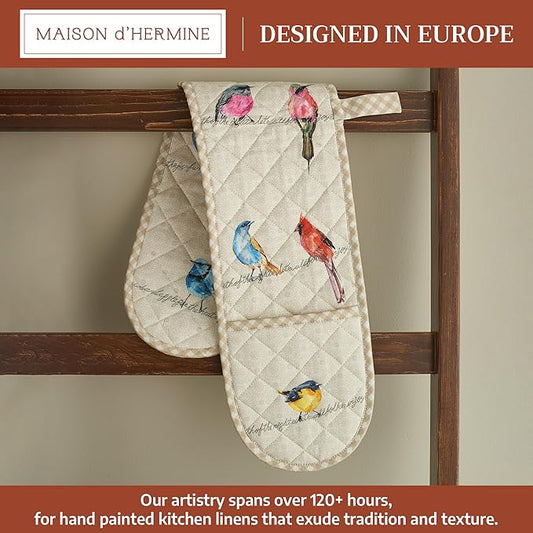 Maison d' Hermine Double Oven Mitts 100% Cotton 7"x35" Double Oven Mitt Heat Resistant BBQ Cooking Gloves with Loop Baking Grilling Kitchen Hotel Home Farmhouse Spring Summer (Birdies on Wire)