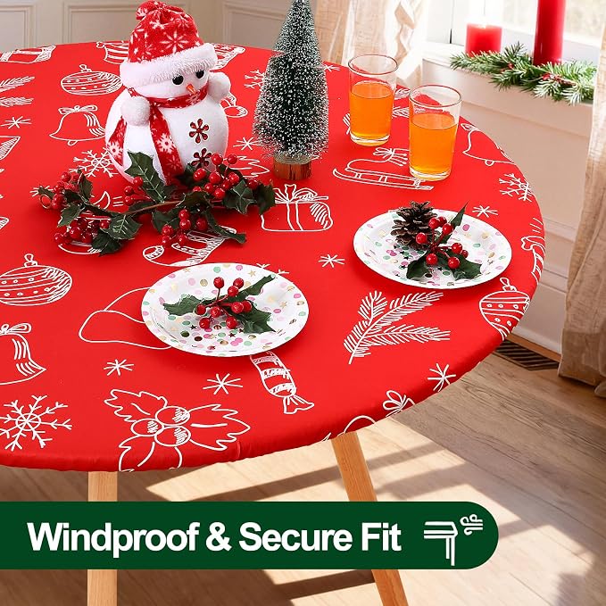 Smiry Round Spandex Tablecloth, Elastic Fitted Washable Tablecloths for 57"-68" Tables, Waterpoof Stretch Picnic Table Cover for Dining, Indoor and Outdoor, Holly Berry & Gift