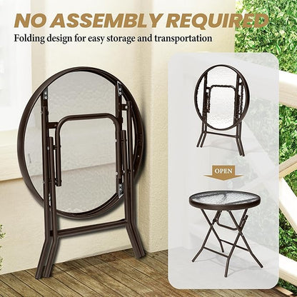 Foldable Side Table with Tempered Glass Top, Brown | 18" Small Patio Side Tables Outdoor for Porch Yard Balcony Deck Lawn Garden