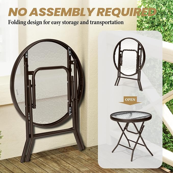 Foldable Side Table with Tempered Glass Top, 2 Pack Brown | 18" Small Patio Side Tables Outdoor for Porch Yard Balcony Deck Lawn Garden
